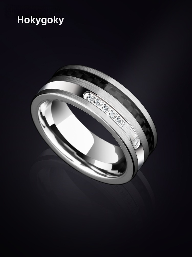 7mm Men's Tungsten Ring Trend Retro European and American Ring Ring Finger Black CNC Claw Inlaid Zirconia Carbon Fiber Index Finger Single Ring Fashionable and Durable