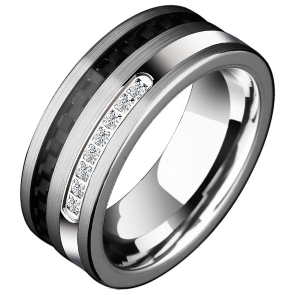 7mm Men's Tungsten Ring Trend Retro European and American Ring Ring Finger Black CNC Claw Inlaid Zirconia Carbon Fiber Index Finger Single Ring Fashionable and Durable
