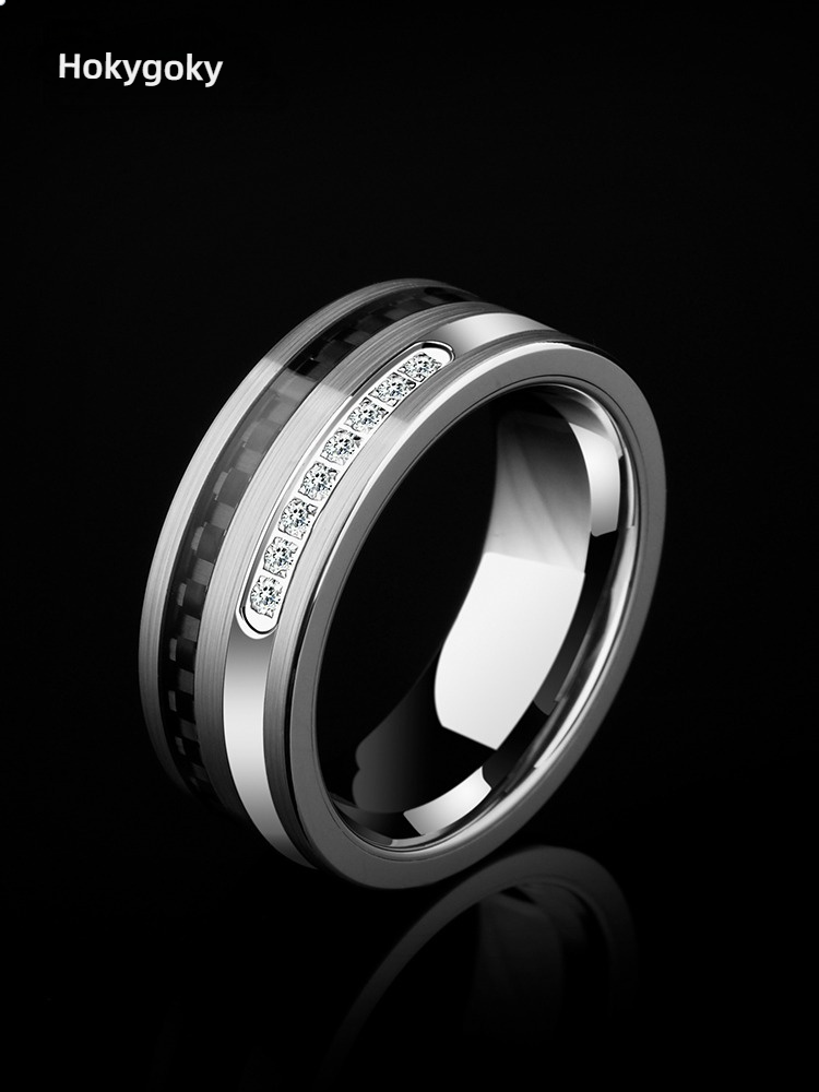 7mm Men's Tungsten Ring Trend Retro European and American Ring Ring Finger Black CNC Claw Inlaid Zirconia Carbon Fiber Index Finger Single Ring Fashionable and Durable