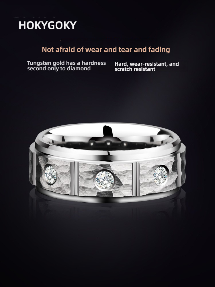 8mm Unisex Tungsten Gold Hammered Black Silver Fashion High-End Zircon Diamond Ring  