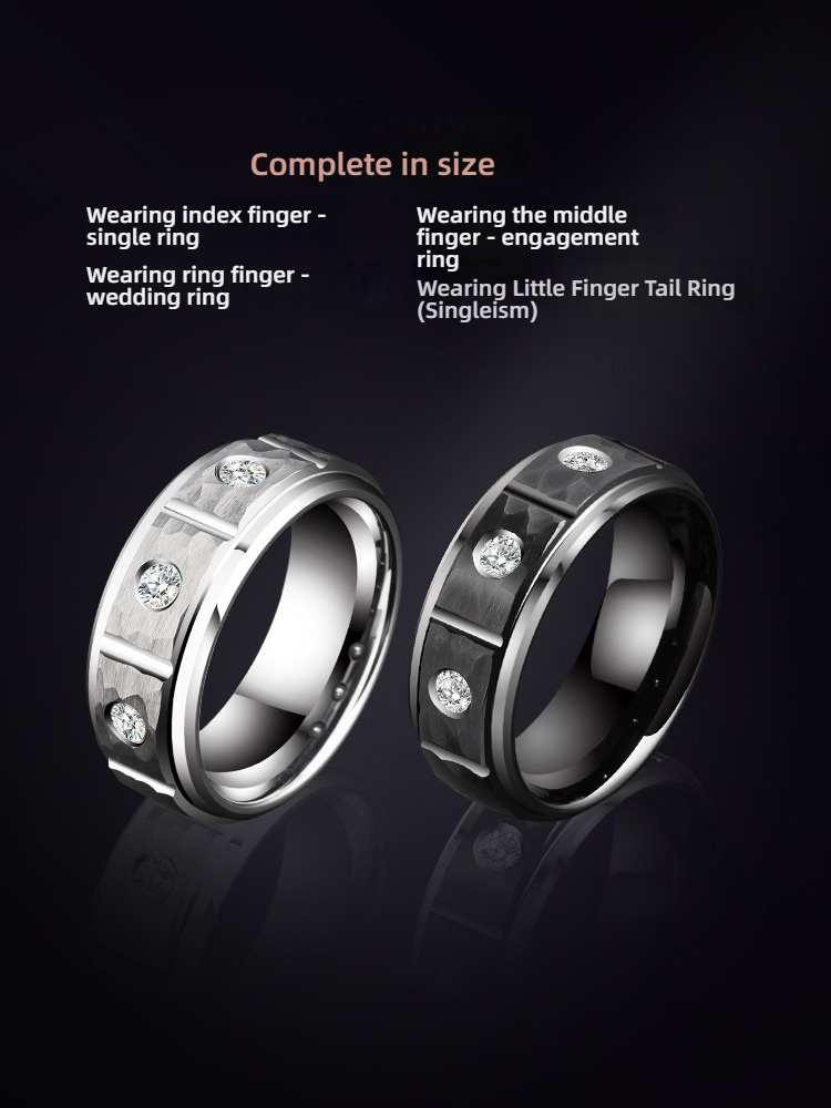 8mm Unisex Tungsten Gold Hammered Black Silver Fashion High-End Zircon Diamond Ring  
