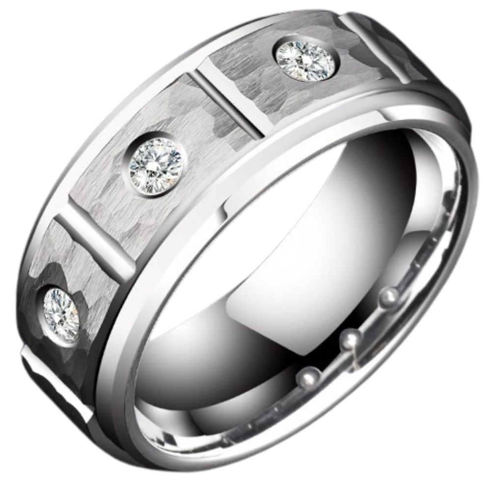8mm Unisex Tungsten Gold Hammered Black Silver Fashion High-End Zircon Diamond Ring  