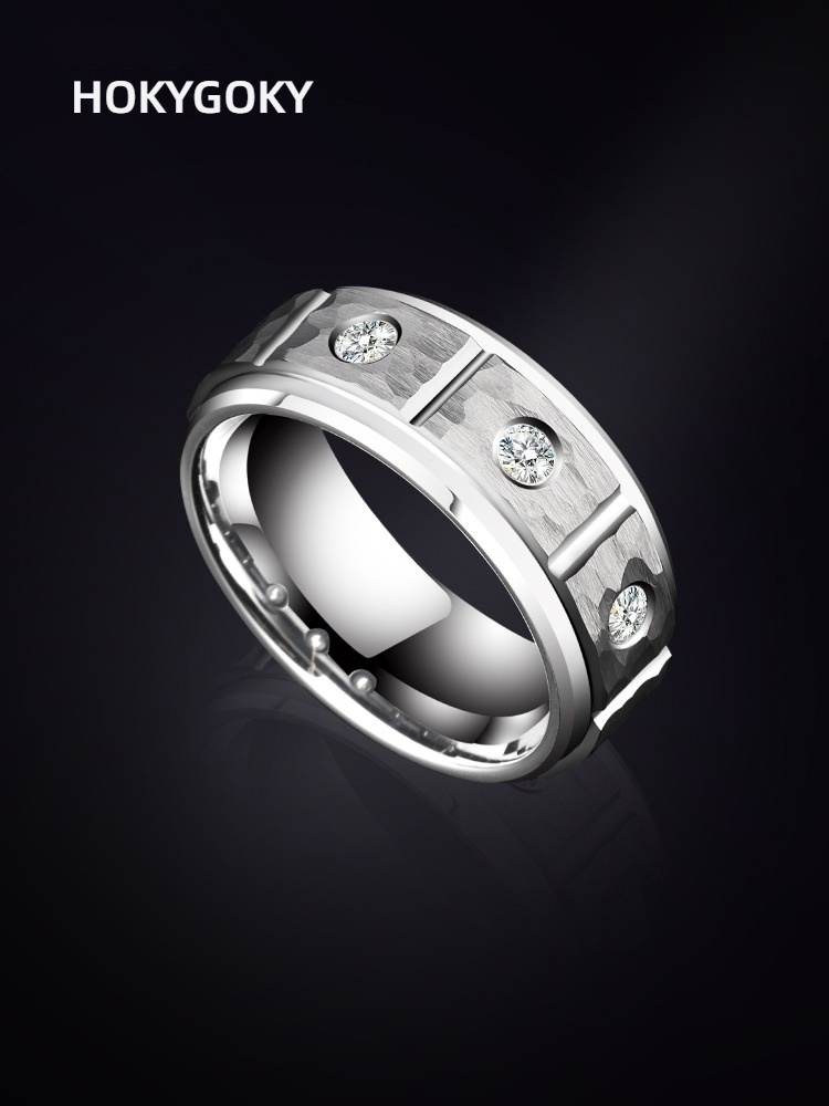 8mm Unisex Tungsten Gold Hammered Black Silver Fashion High-End Zircon Diamond Ring  