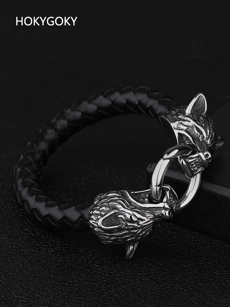 20cm Men's Bracelet Trendy Niche Design Domineering Titanium Steel Jewelry Personality Braided Leather Bracelet Birthday Gift Must-Have for Men Wolf Head Titanium Steel Leather Bracelet | Wild Style Personality Show