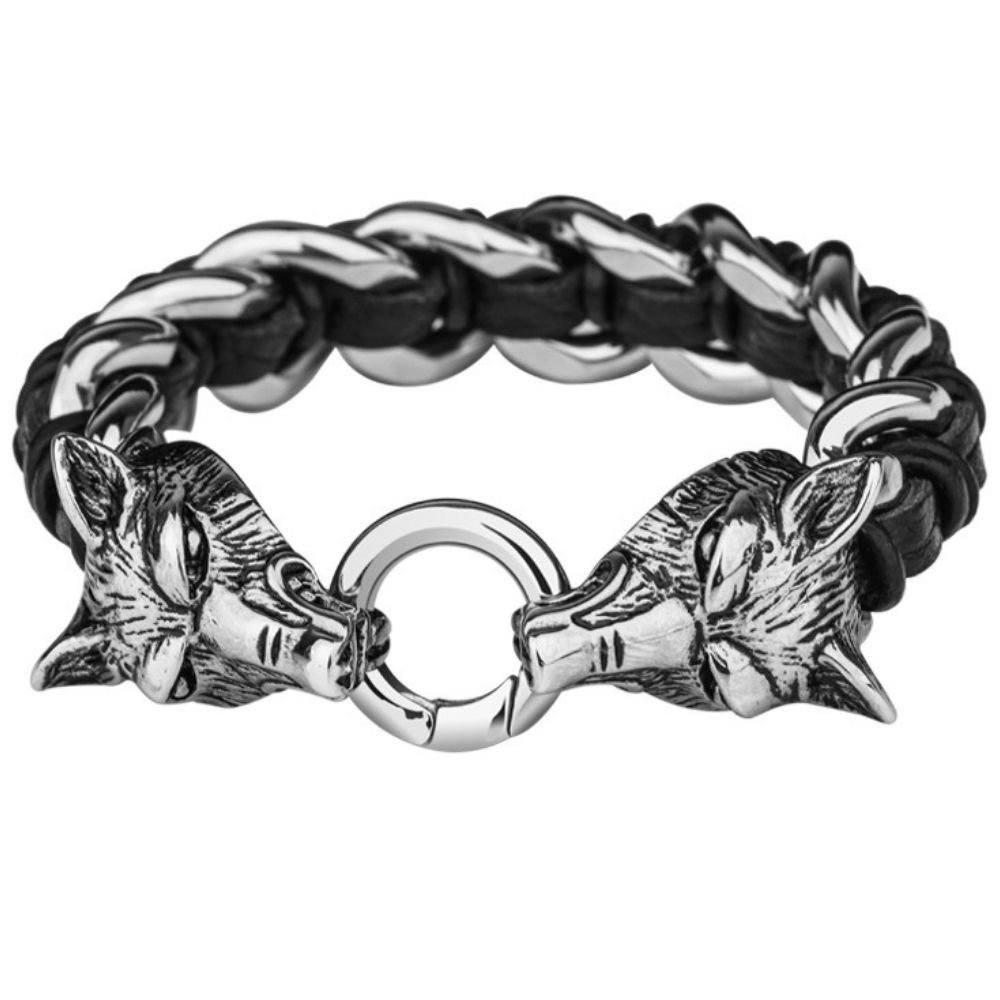 20cm Men's Bracelet Niche Design Titanium Steel Braided Jewelry Personality Simple Birthday Gift Men's Wolf Head Bracelet - First Layer of Cowhide Titanium Steel Material, Fashionable Motorcycle Style Personality Accessories