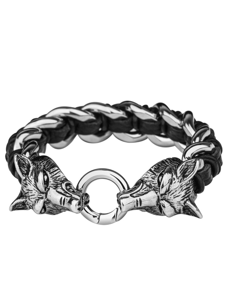 20cm Men's Bracelet Niche Design Titanium Steel Braided Jewelry Personality Simple Birthday Gift Men's Wolf Head Bracelet - First Layer of Cowhide Titanium Steel Material, Fashionable Motorcycle Style Personality Accessories