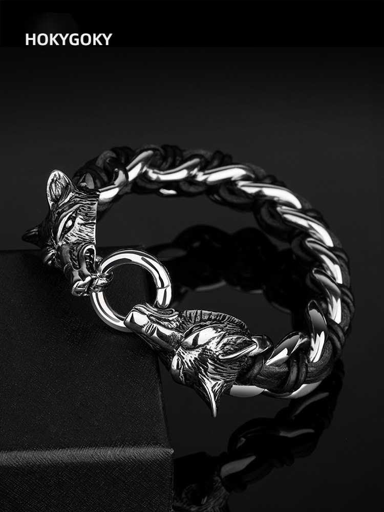 20cm Men's Bracelet Niche Design Titanium Steel Braided Jewelry Personality Simple Birthday Gift Men's Wolf Head Bracelet - First Layer of Cowhide Titanium Steel Material, Fashionable Motorcycle Style Personality Accessories