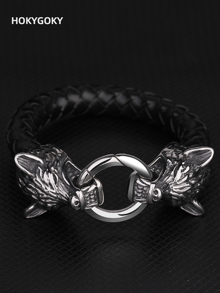 20cm Men's Bracelet Trendy Niche Design Domineering Titanium Steel Jewelry Personality Braided Leather Bracelet Birthday Gift Must-Have for Men Wolf Head Titanium Steel Leather Bracelet | Wild Style Personality Show