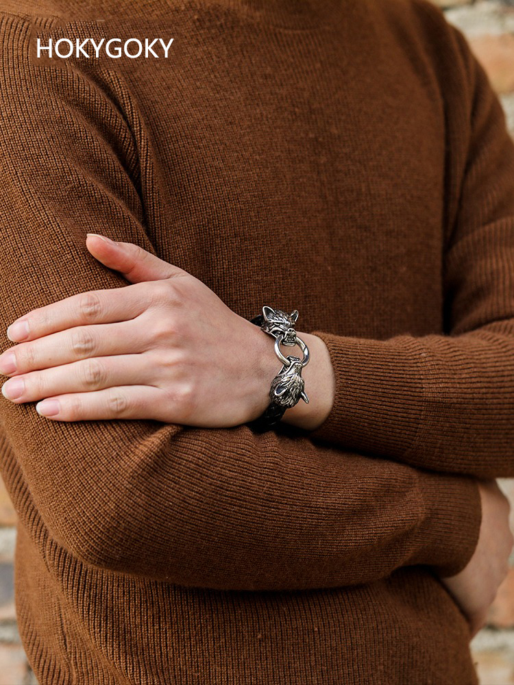 20cm Men's Bracelet Trendy Niche Design Domineering Titanium Steel Jewelry Personality Braided Leather Bracelet Birthday Gift Must-Have for Men Wolf Head Titanium Steel Leather Bracelet | Wild Style Personality Show