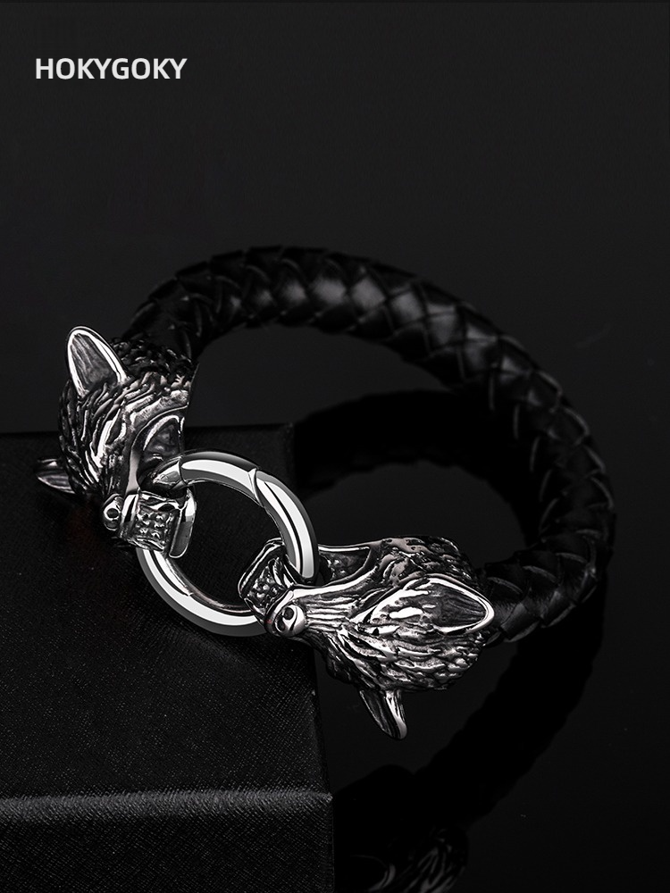 20cm Men's Bracelet Trendy Niche Design Domineering Titanium Steel Jewelry Personality Braided Leather Bracelet Birthday Gift Must-Have for Men Wolf Head Titanium Steel Leather Bracelet | Wild Style Personality Show