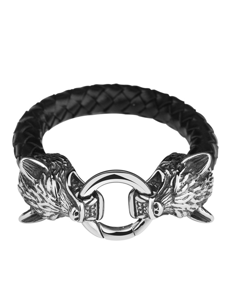 20cm Men's Bracelet Trendy Niche Design Domineering Titanium Steel Jewelry Personality Braided Leather Bracelet Birthday Gift Must-Have for Men Wolf Head Titanium Steel Leather Bracelet | Wild Style Personality Show