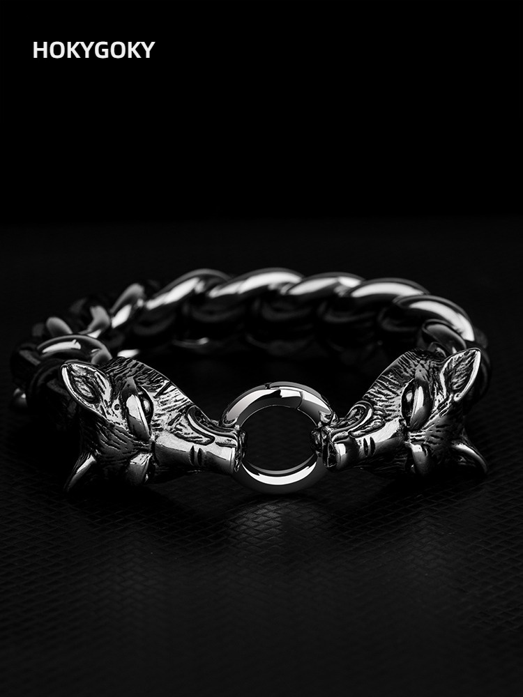 20cm Men's Bracelet Niche Design Titanium Steel Braided Jewelry Personality Simple Birthday Gift Men's Wolf Head Bracelet - First Layer of Cowhide Titanium Steel Material, Fashionable Motorcycle Style Personality Accessories