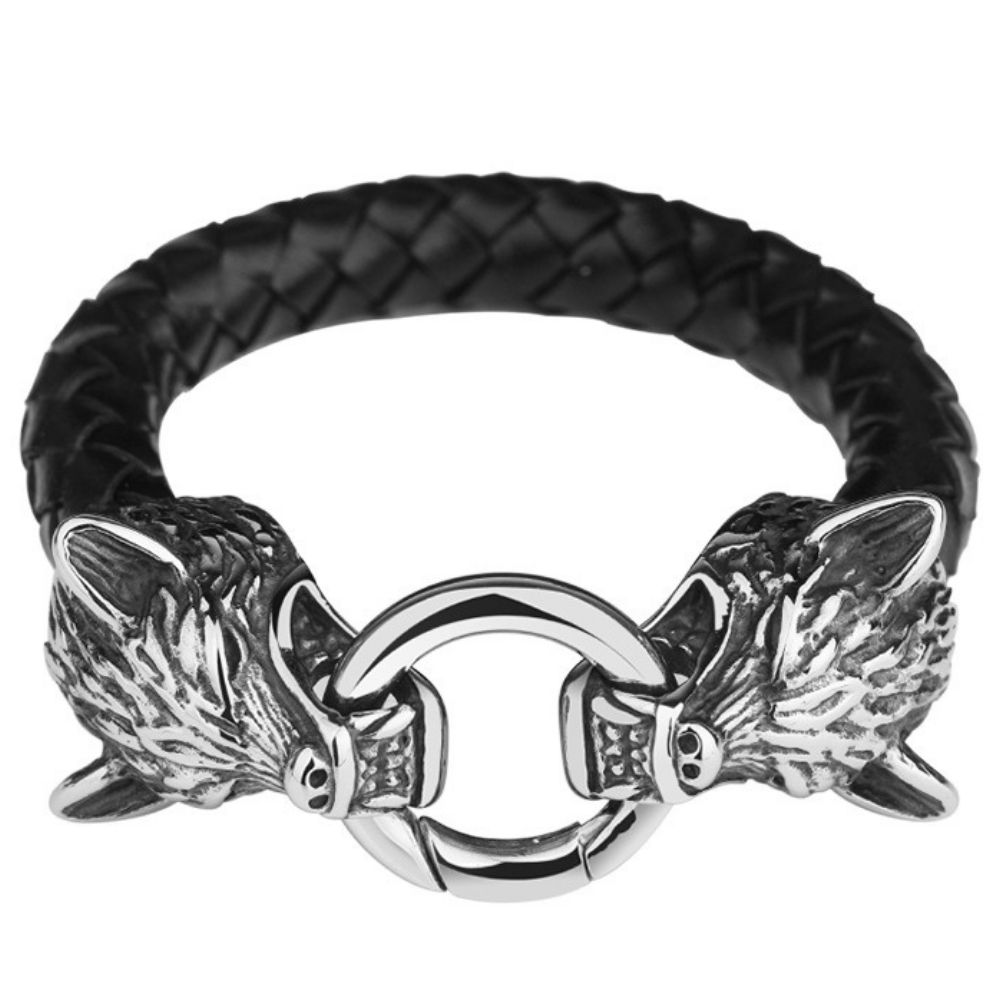 20cm Men's Bracelet Trendy Niche Design Domineering Titanium Steel Jewelry Personality Braided Leather Bracelet Birthday Gift Must-Have for Men Wolf Head Titanium Steel Leather Bracelet | Wild Style Personality Show