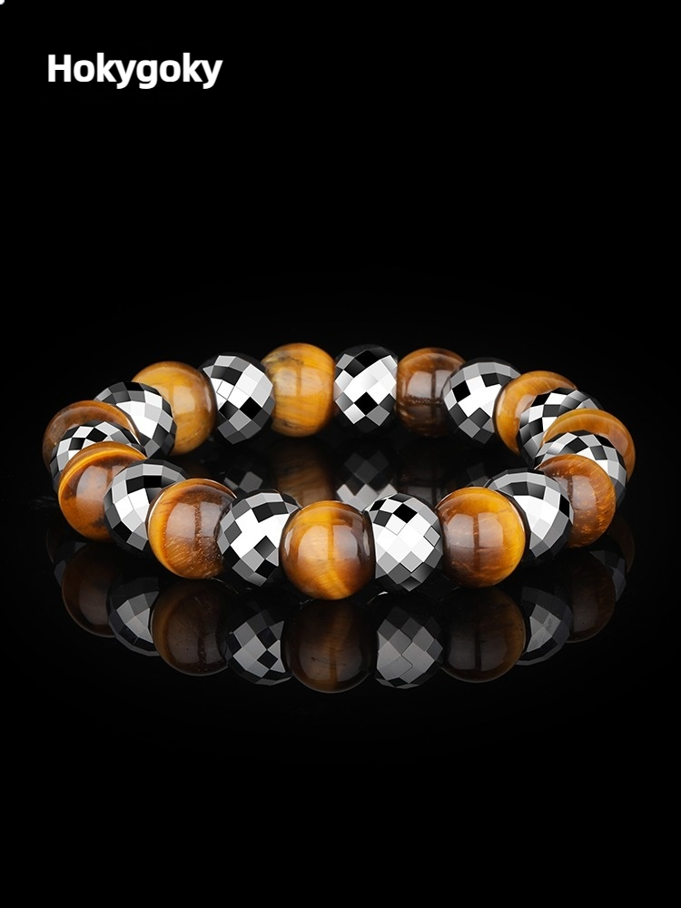 857 Tungsten Gold Men's Tiger Eye Stone Bracelet Classic Silver Brown Color Transfer Beads Hand String Buddhist Beads Tungsten Steel Play Rosary Birthday Gift Lucky Power