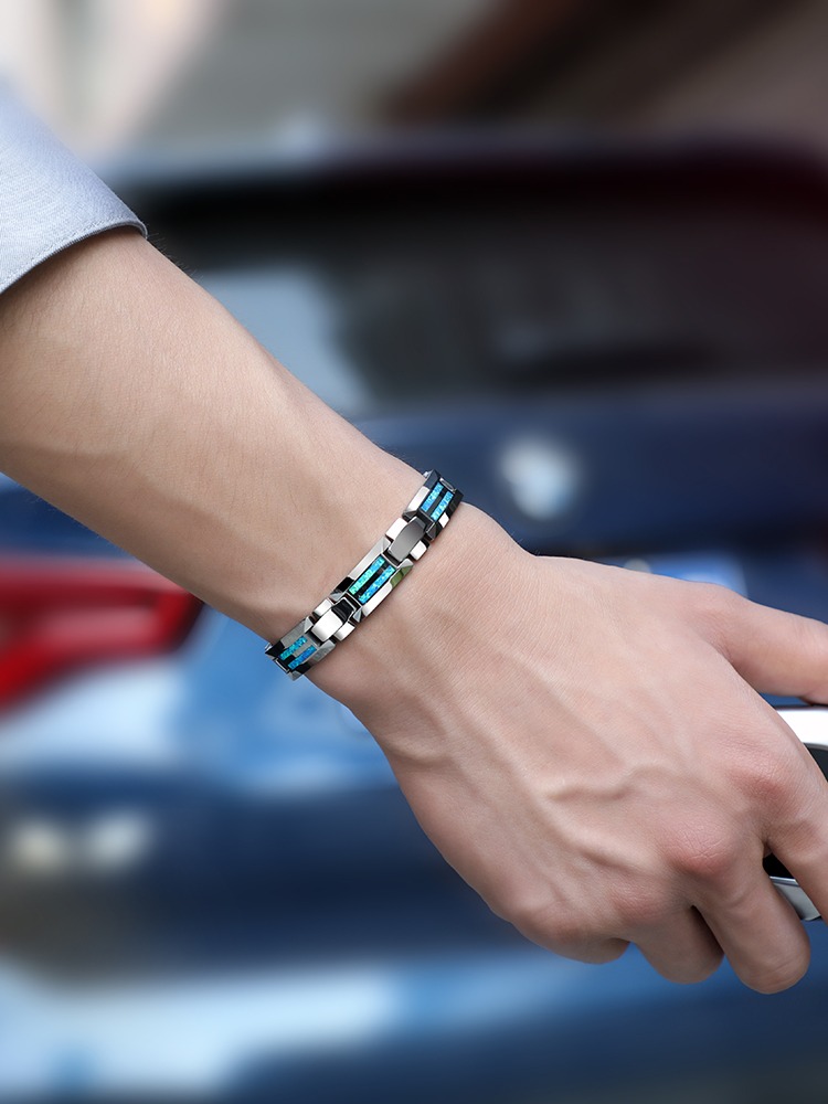 Men's Bracelet, Opal Tungsten Jewelry, Simple and Elegant Bracelet, High-End Bracelet, Men's Light Luxury Opal Bracelet, Tungsten Gold Magnet Health Bracelet, Blue/Red Opal Inlaid, Personalized Engraving, Stylish Men's Fashion Health Accessories