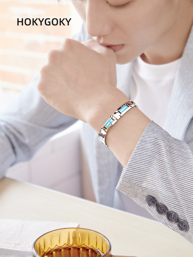 Men's Bracelet, Opal Tungsten Jewelry, Simple and Elegant Bracelet, High-End Bracelet, Men's Light Luxury Opal Bracelet, Tungsten Gold Magnet Health Bracelet, Blue/Red Opal Inlaid, Personalized Engraving, Stylish Men's Fashion Health Accessories