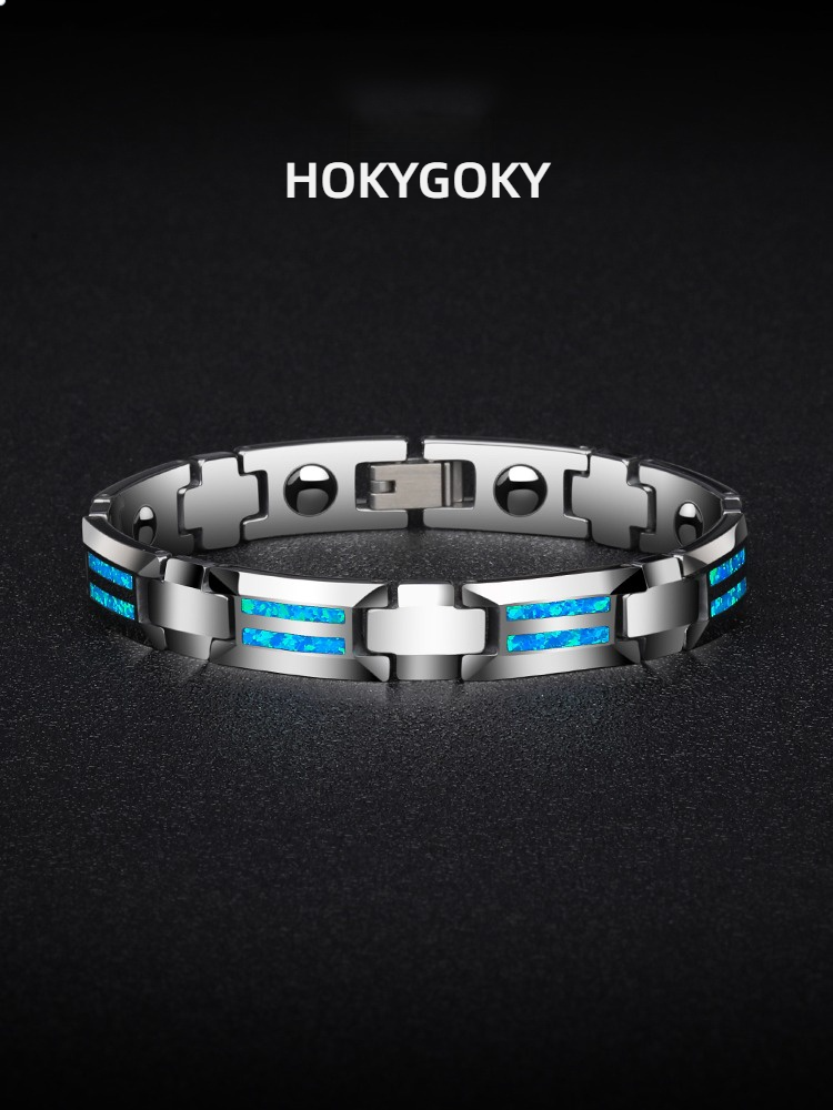 Men's Bracelet, Opal Tungsten Jewelry, Simple and Elegant Bracelet, High-End Bracelet, Men's Light Luxury Opal Bracelet, Tungsten Gold Magnet Health Bracelet, Blue/Red Opal Inlaid, Personalized Engraving, Stylish Men's Fashion Health Accessories