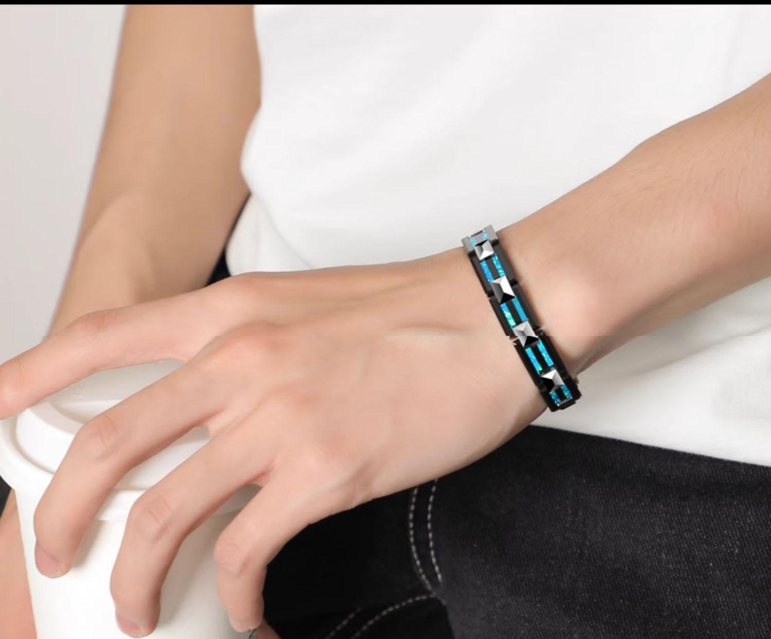 Men's 857 Tungsten Gold Space Porcelain Bracelet High-grade Tungsten Steel Male Hand Jewelry Trendy Personality Bracelet Jewelry Birthday Gift Wear-resistant and Scratch-resistant