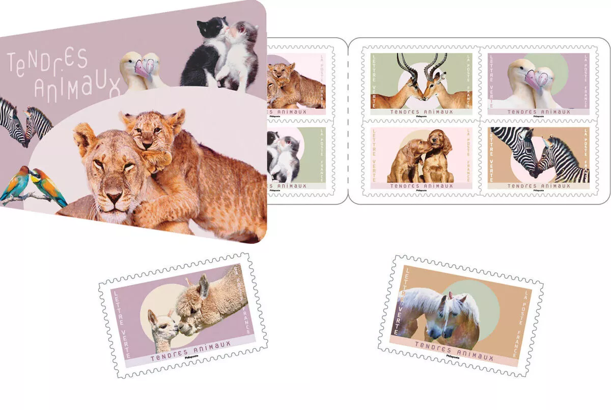 Carnet de 60 timbres - Tendres Animaux - Lettre verte