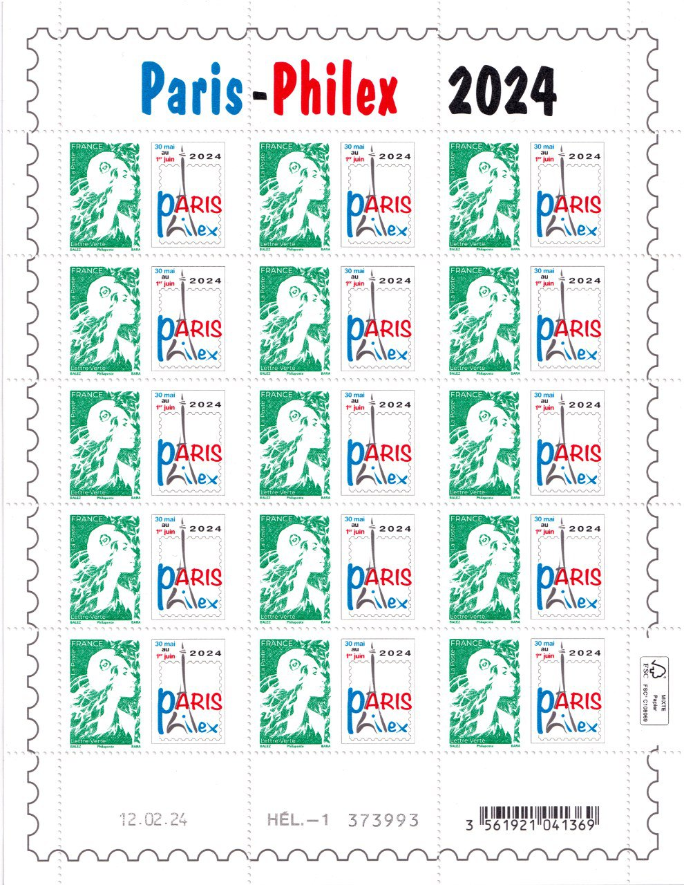 Carnet 60 timbres - Marianne de l’avenir – Paris‑Philex 2024 - Lettre verte
