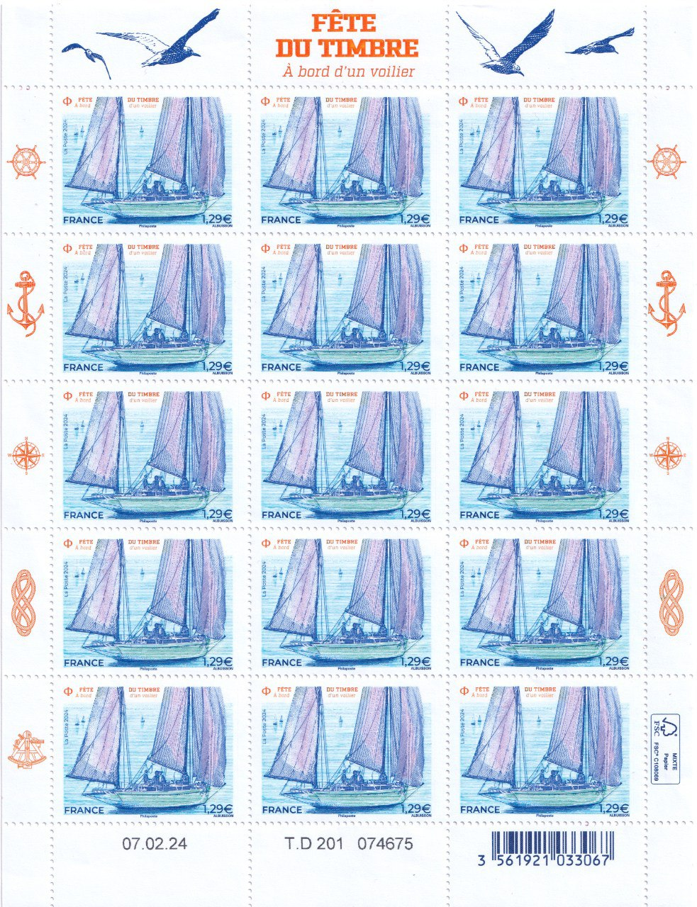 Carnet de 60 timbres – FÊTE DU TIMBRE – À bord d’un voilier – Lettre verte