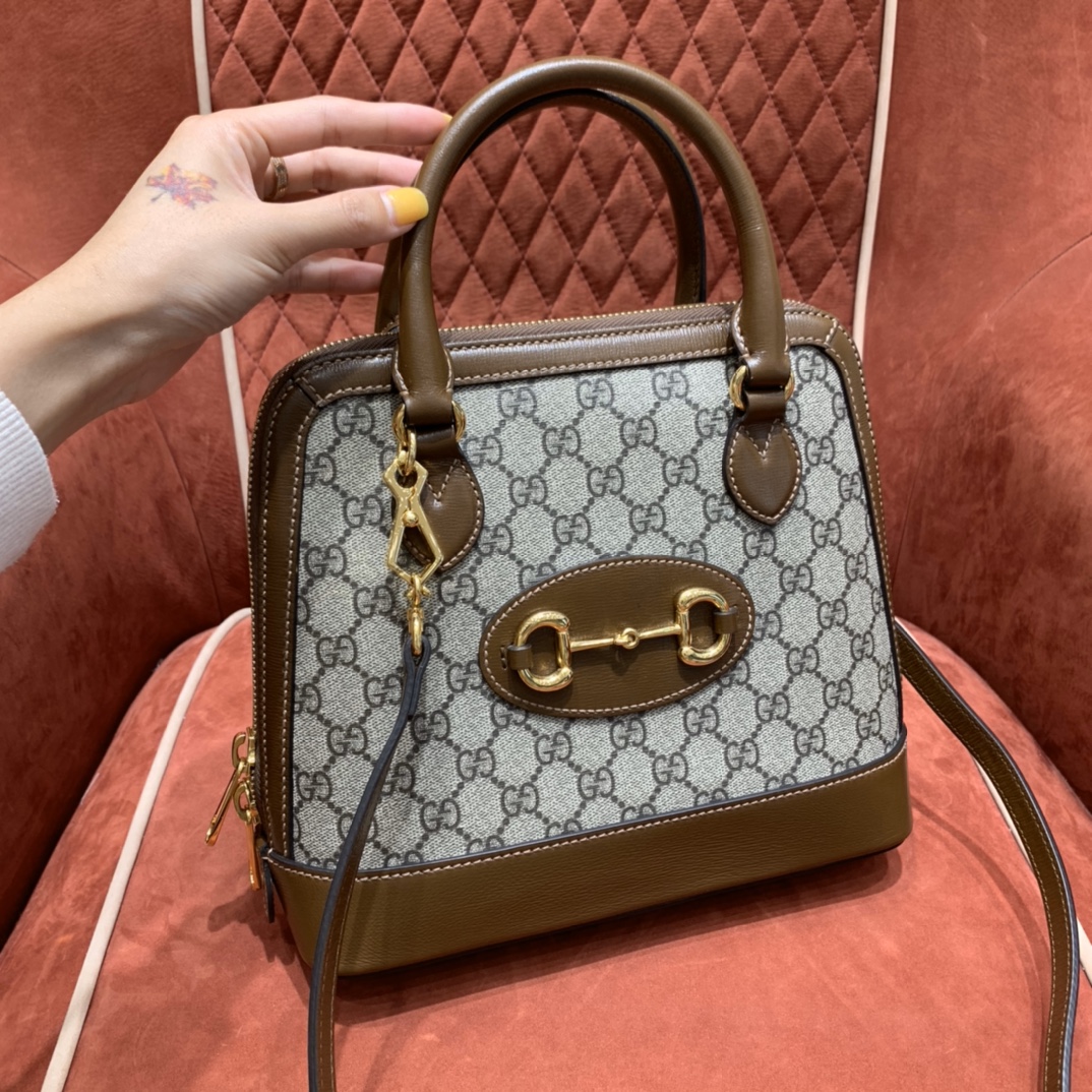3028-Gucci Horsebit 1955 Small Top Handle 2-Way Bag | GG Supreme Canvas with Leather Accents