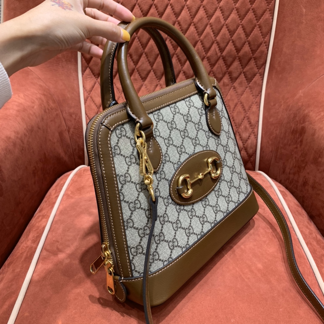 3028-Gucci Horsebit 1955 Small Top Handle 2-Way Bag | GG Supreme Canvas with Leather Accents