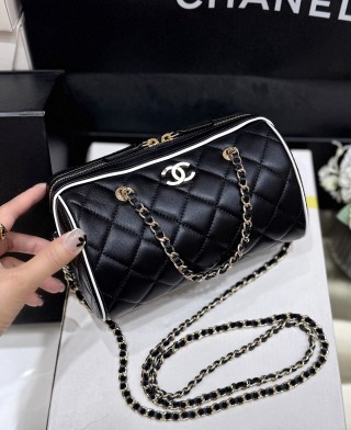 4009-Chanel Black Quilted Cylinder Bag | Refined Contrast and Timeless French Flair