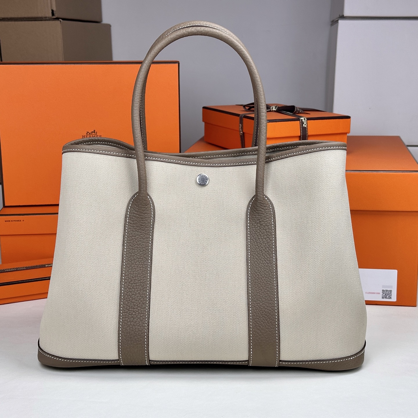 6043-Hermès Garden Party Tote | Canvas & Clemence Leather in Ivory and Light Grey