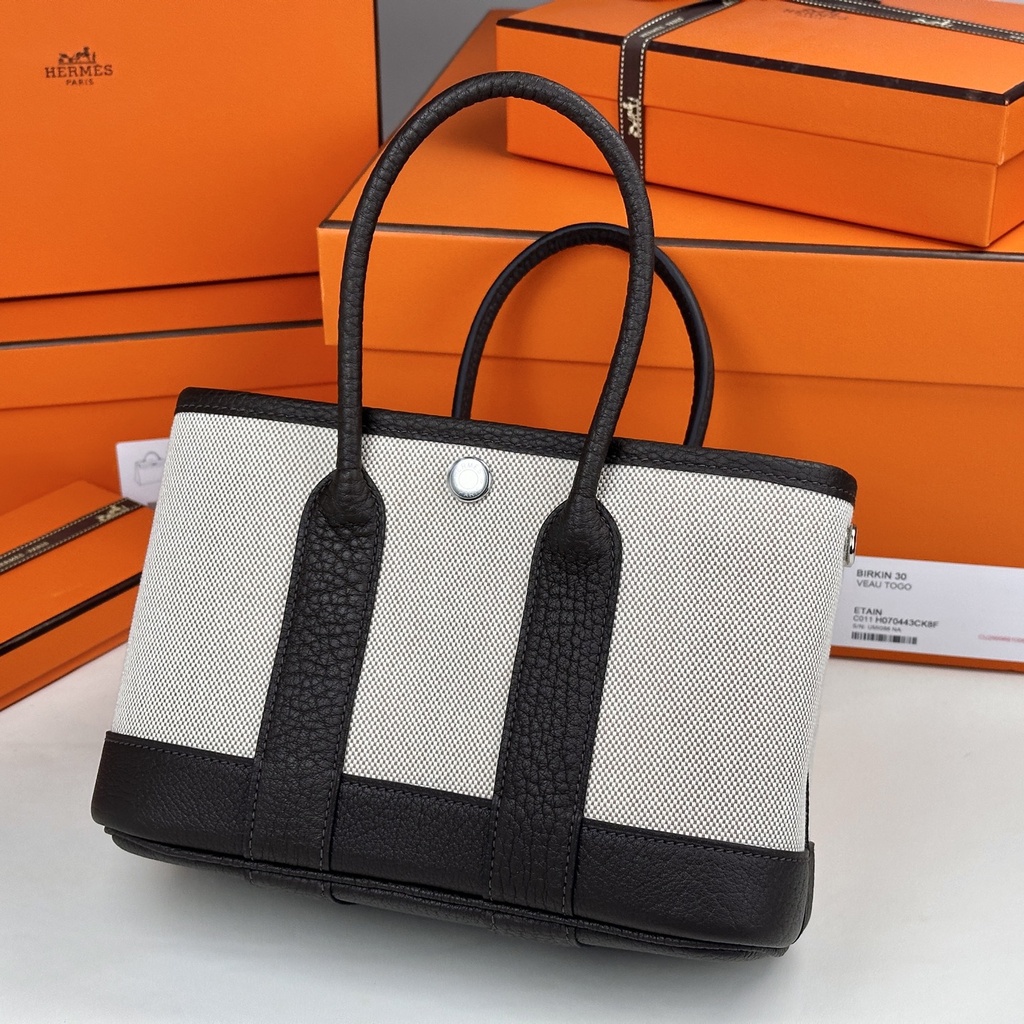 6040-Hermès Garden Party Tote | Canvas & Clemence Leather in Classic Black & White