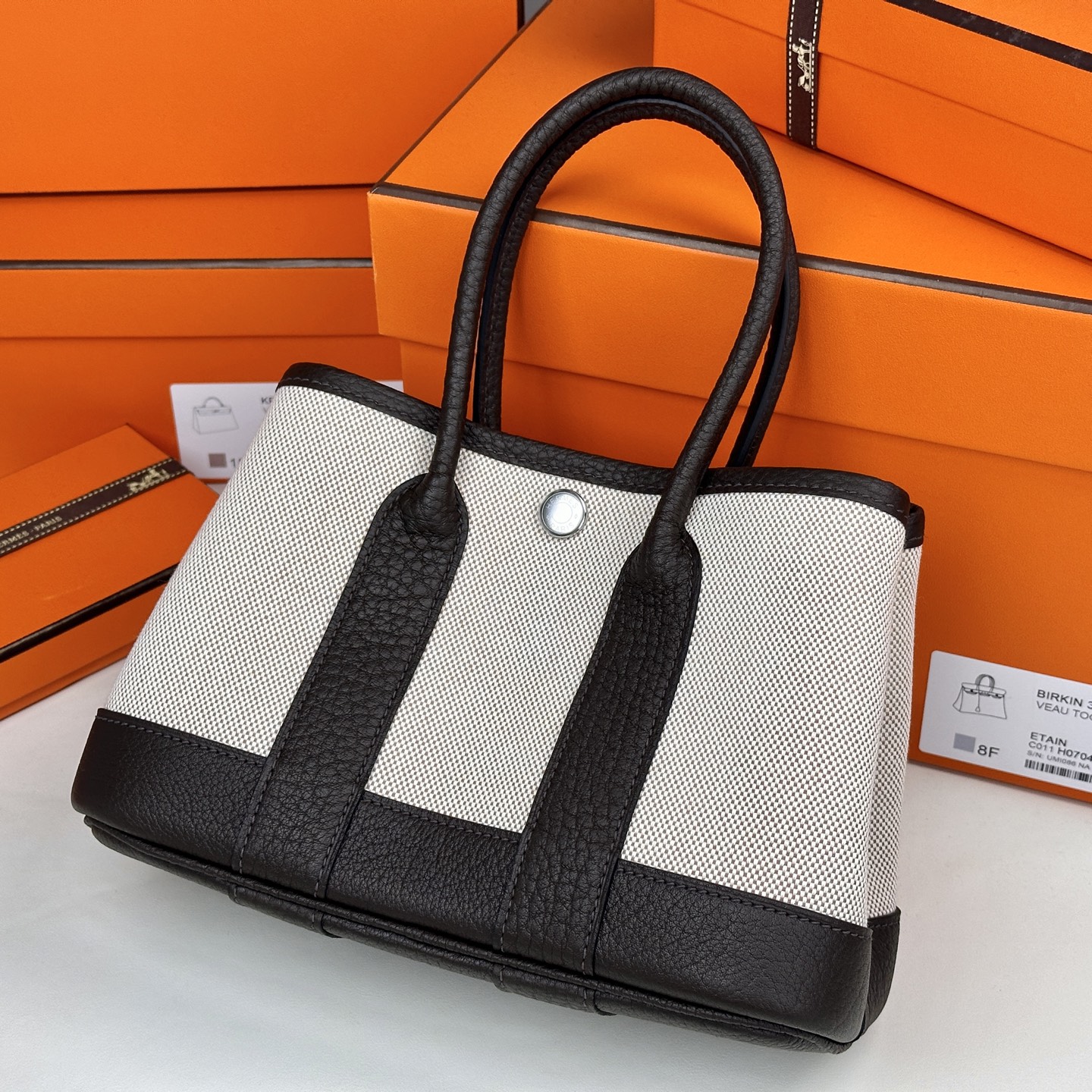 6040-Hermès Garden Party Tote | Canvas & Clemence Leather in Classic Black & White