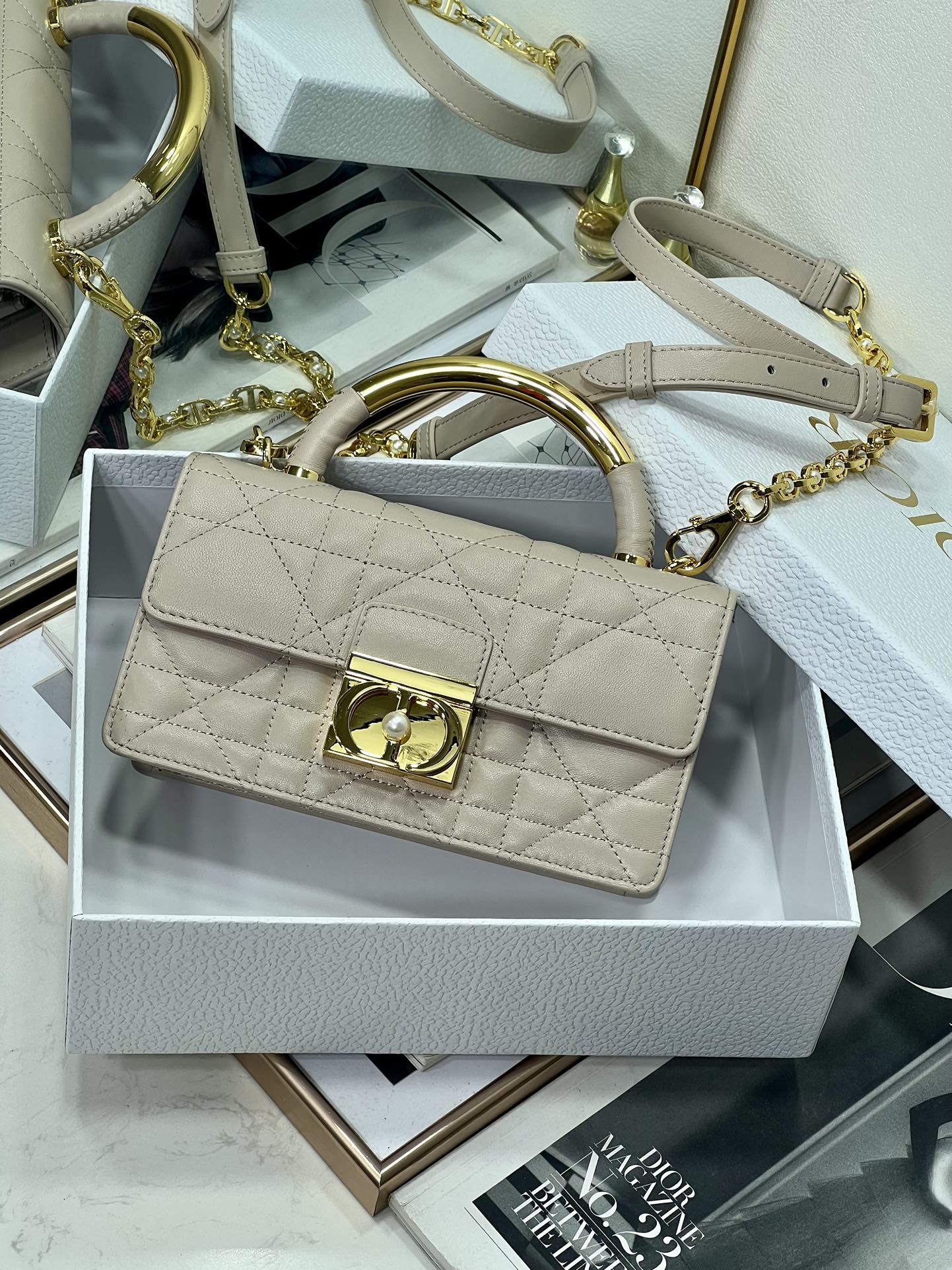 5043-Dior Beige Quilted Leather Top Handle Bag | Soft Elegance, Timeless Sophistication
