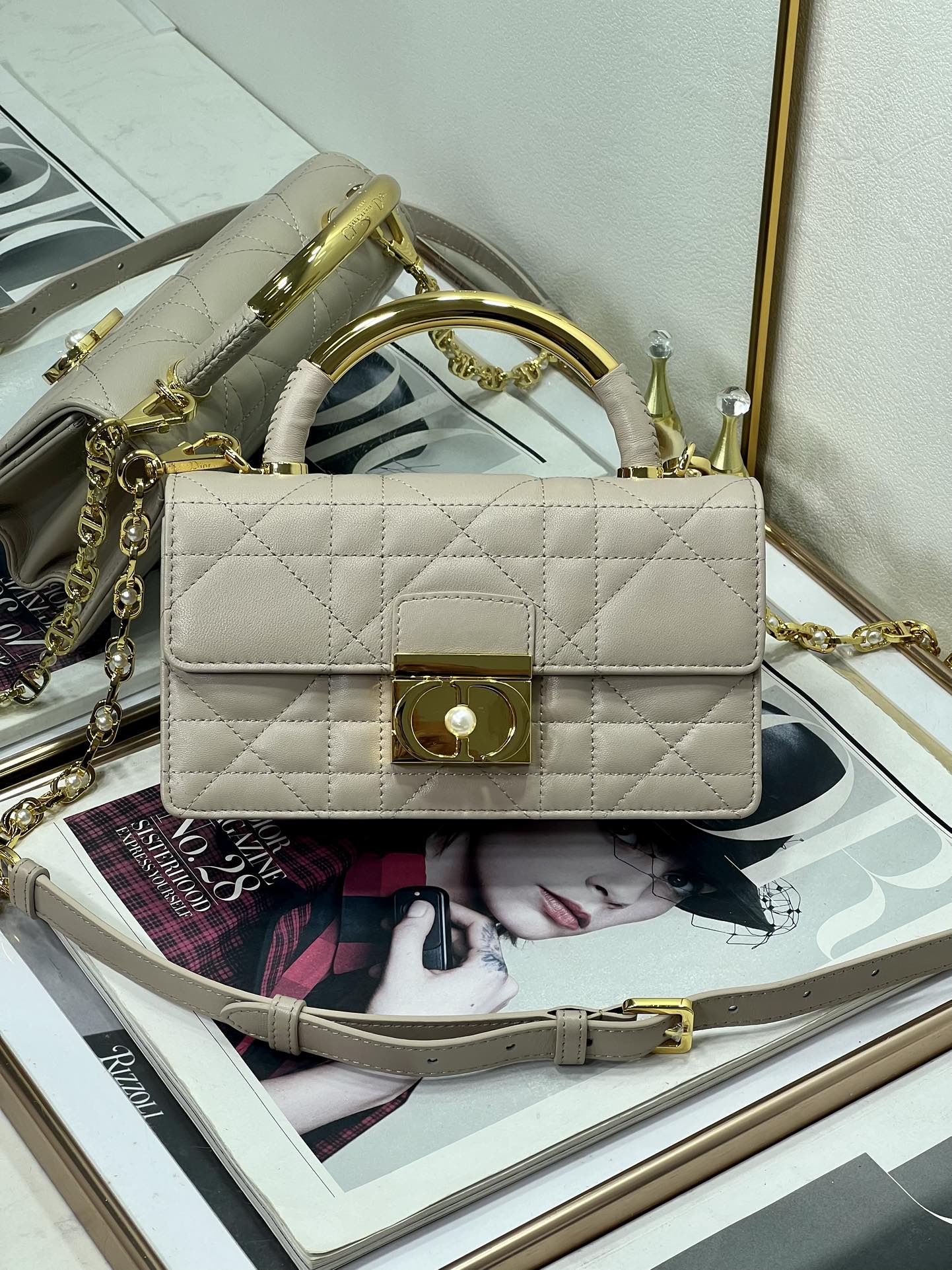 5043-Dior Beige Quilted Leather Top Handle Bag | Soft Elegance, Timeless Sophistication