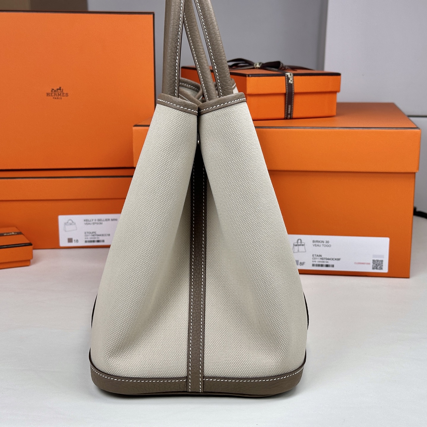 6043-Hermès Garden Party Tote | Canvas & Clemence Leather in Ivory and Light Grey
