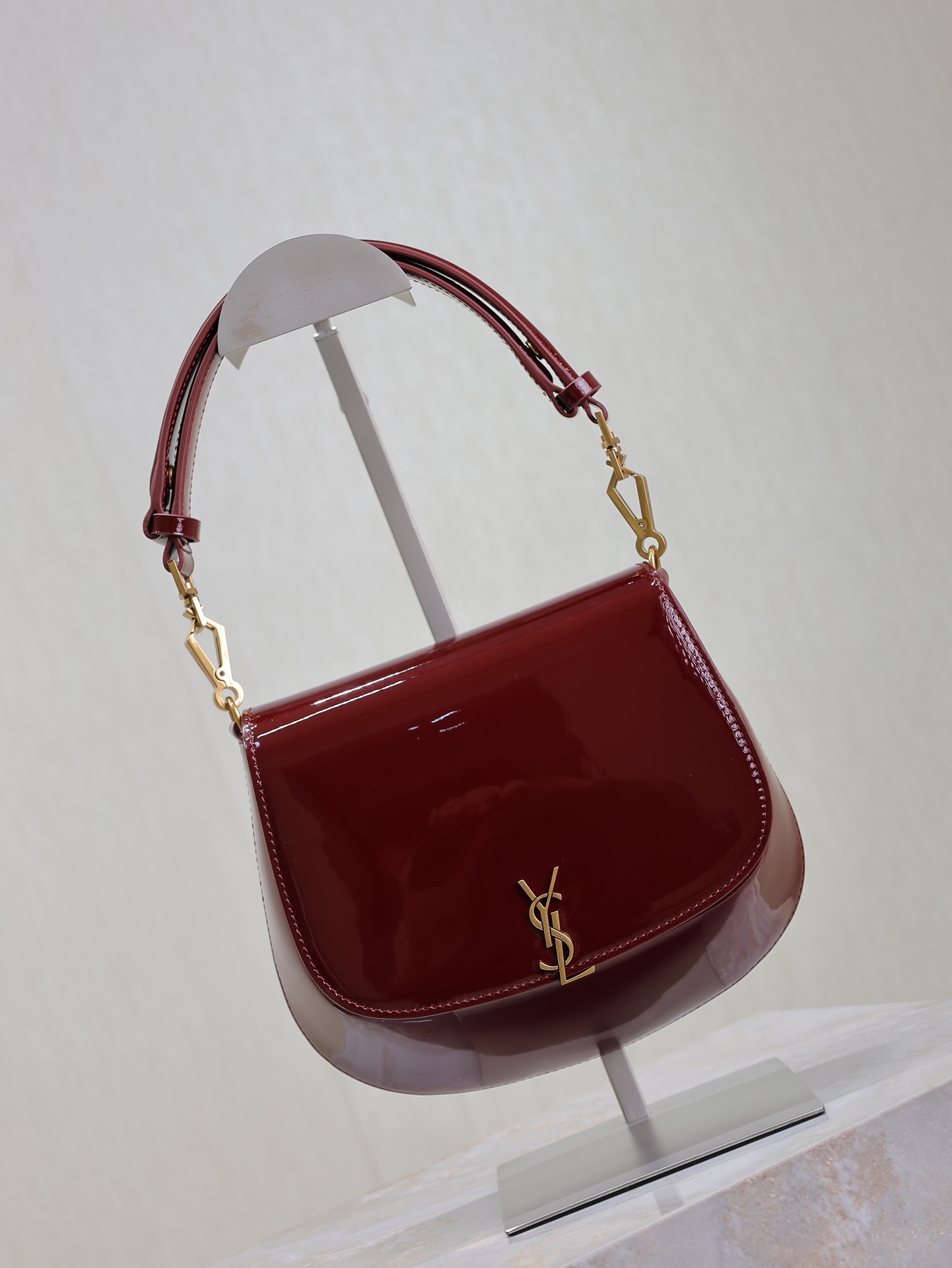 7060-YSL Burgundy Patent Leather Hobo Bag | Glossy Elegance with Iconic Style