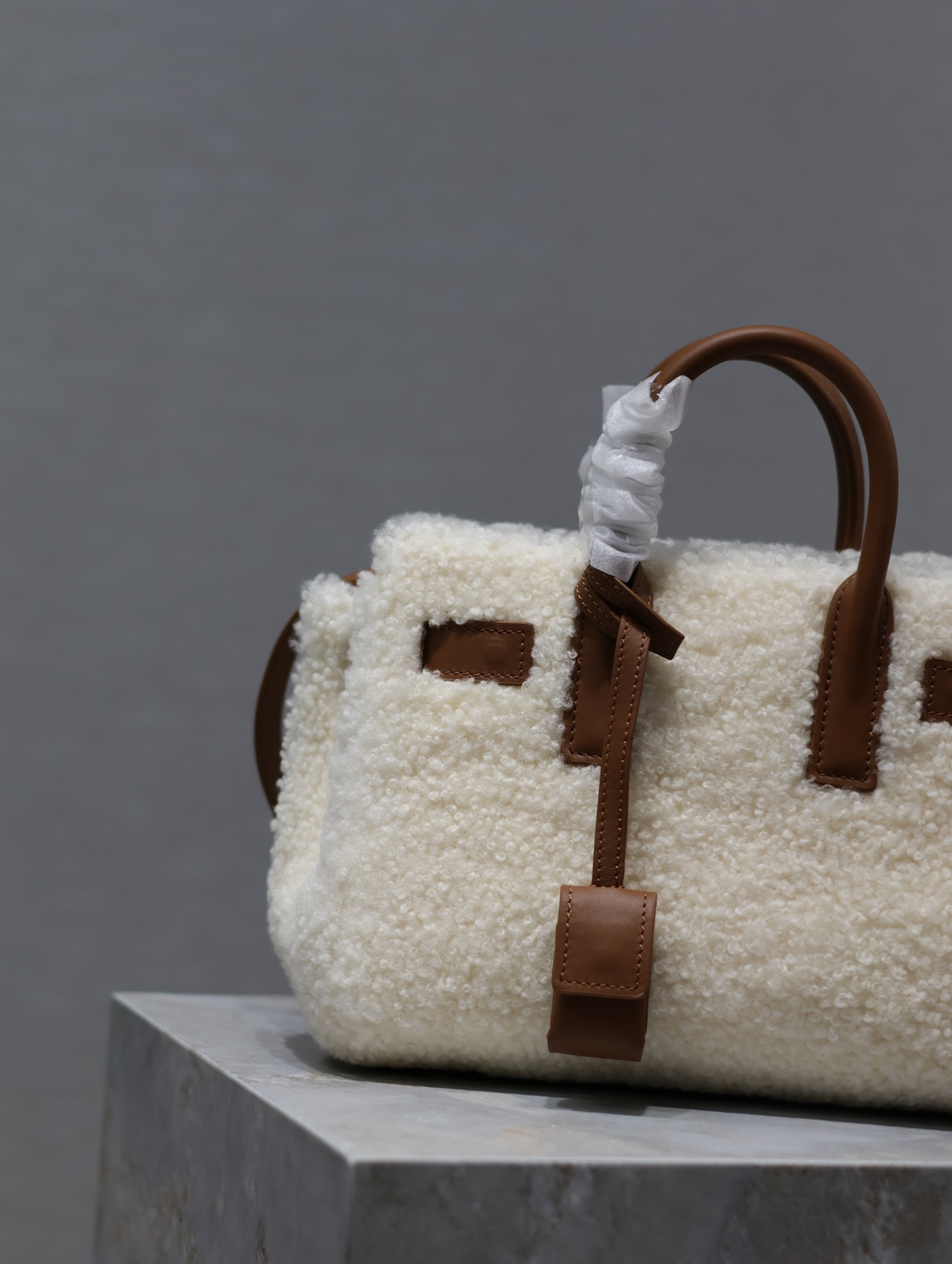 7065-Winter White Shearling Handbag | Cozy Elegance with Deep Brown Leather Accents