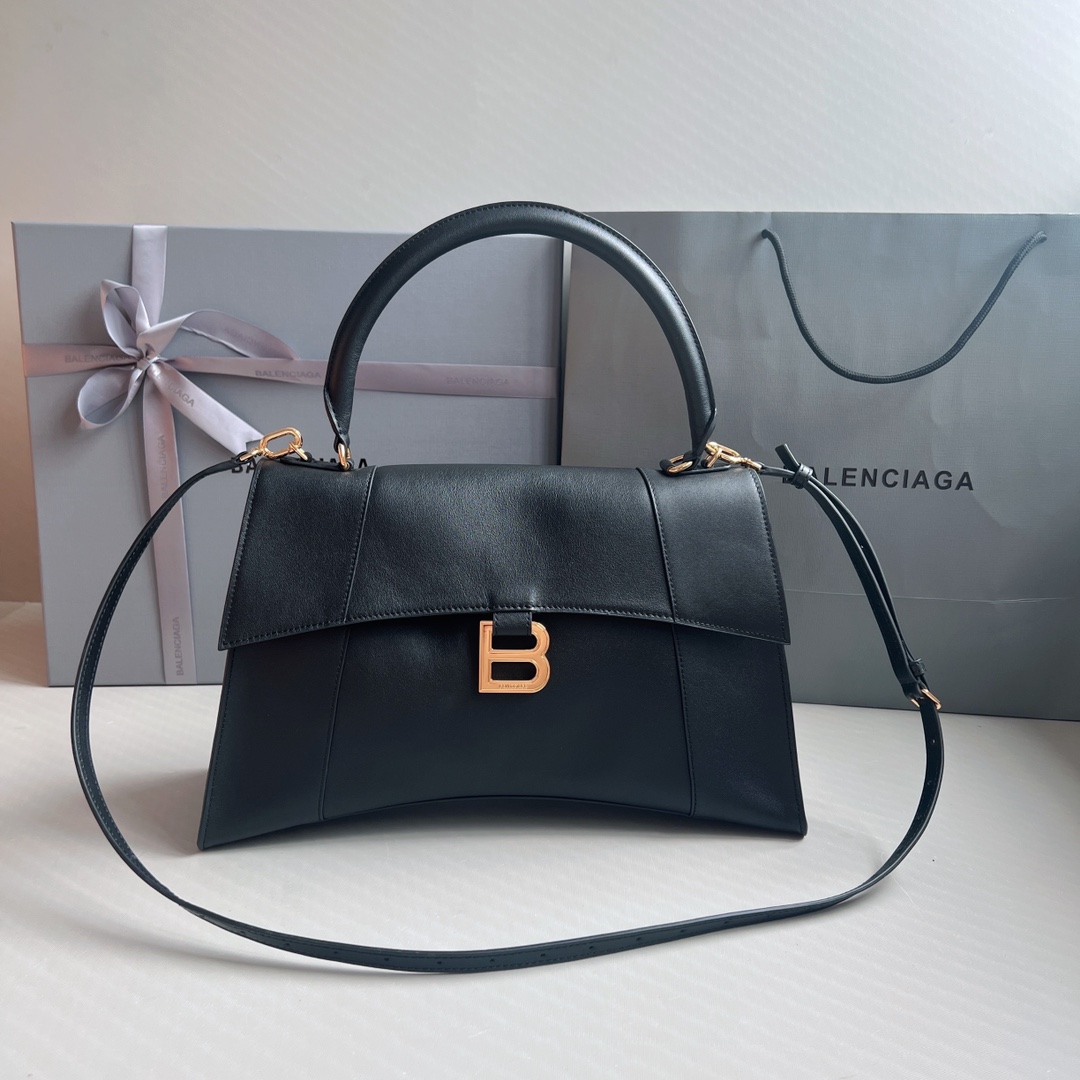 8017-Balenciaga Black Leather Top Handle Bag | Iconic “B” Logo Elegance in Every Detail