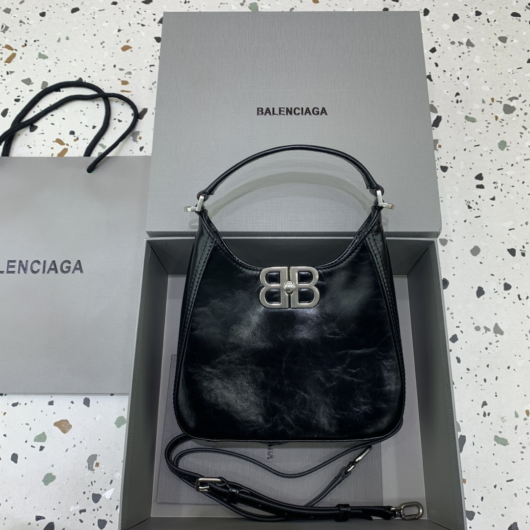 8023-Balenciaga Black Crescent Shoulder Bag | Vintage Texture Meets Contemporary Edge