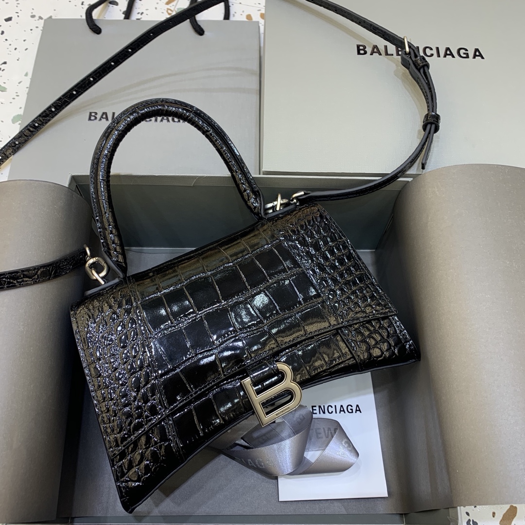 8029-Balenciaga Black Croc-Embossed Top Handle Bag | Luxe Shine Meets Iconic Edge