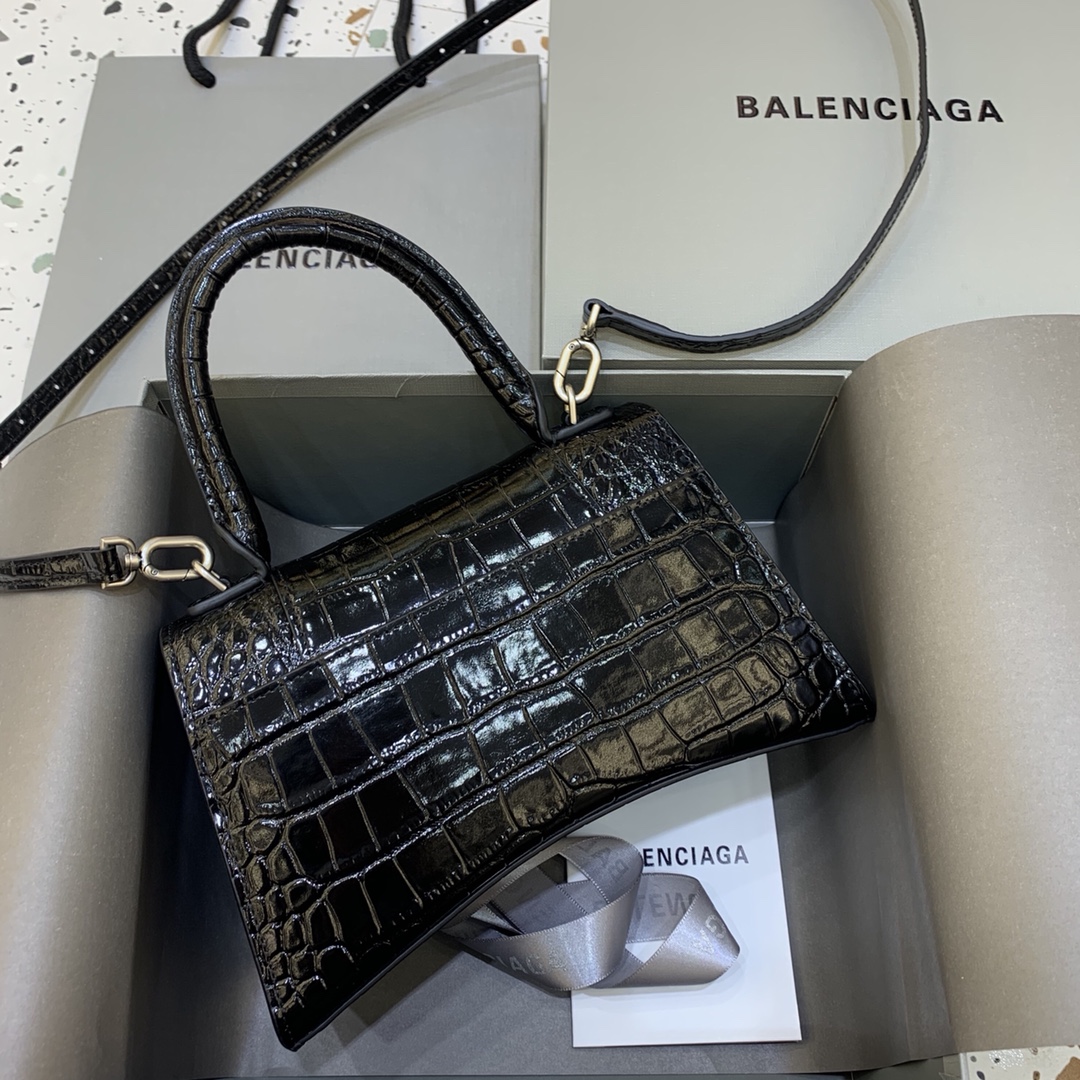 8029-Balenciaga Black Croc-Embossed Top Handle Bag | Luxe Shine Meets Iconic Edge