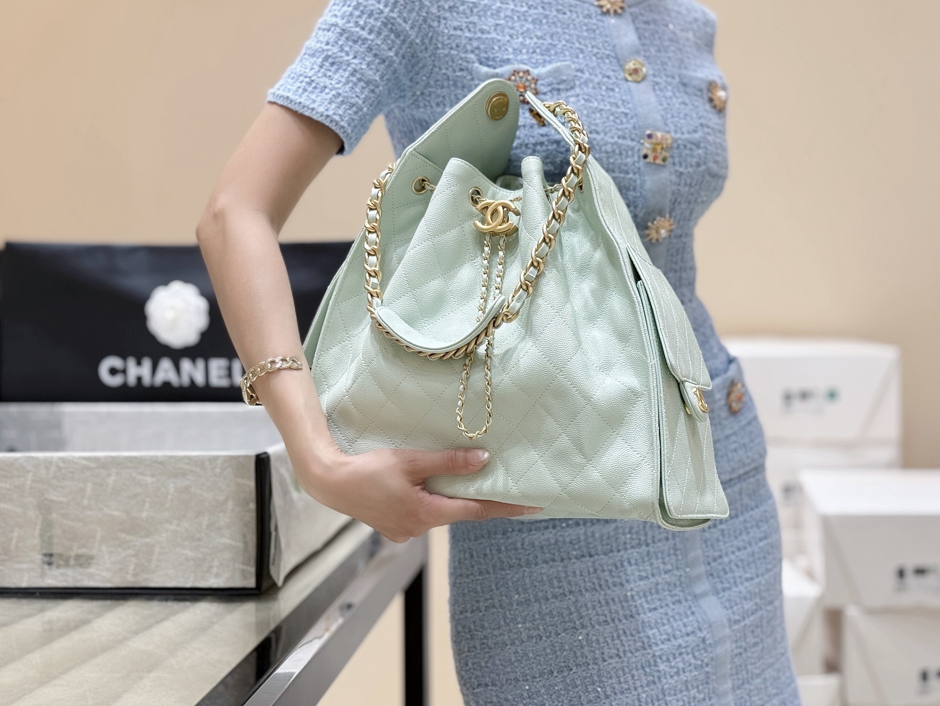 4023-Chanel Quilted Leather Bag in Mint Green | A Fresh Take on Feminine Elegance