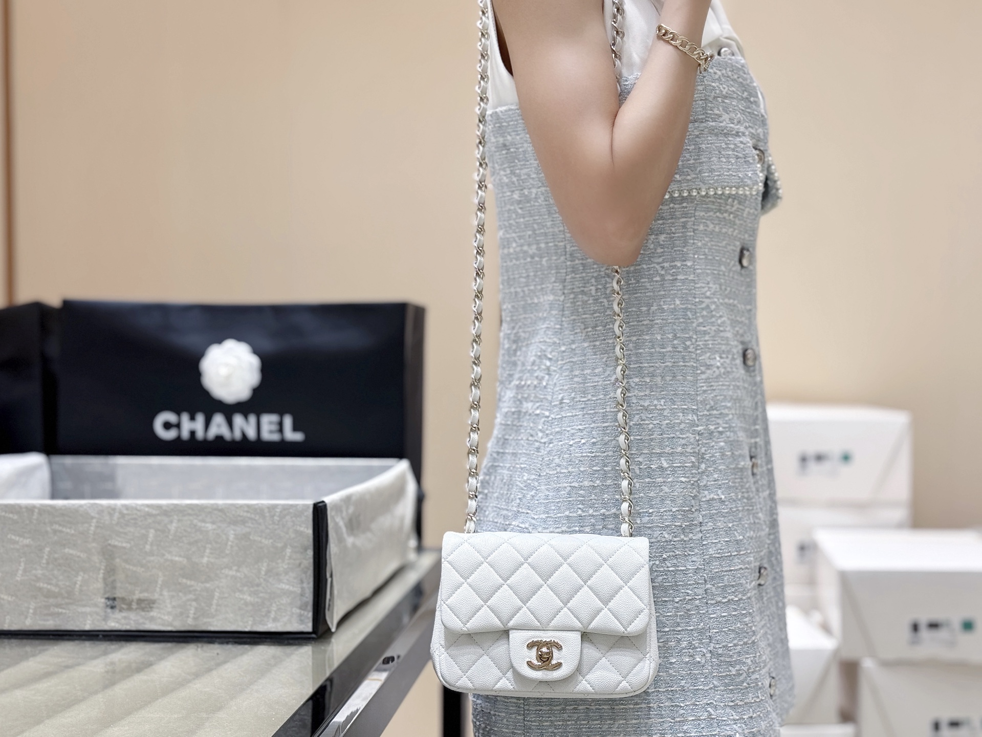 4017-Chanel Classic Flap Bag in White Caviar Leather | Icon of Elegance and Modern Luxury