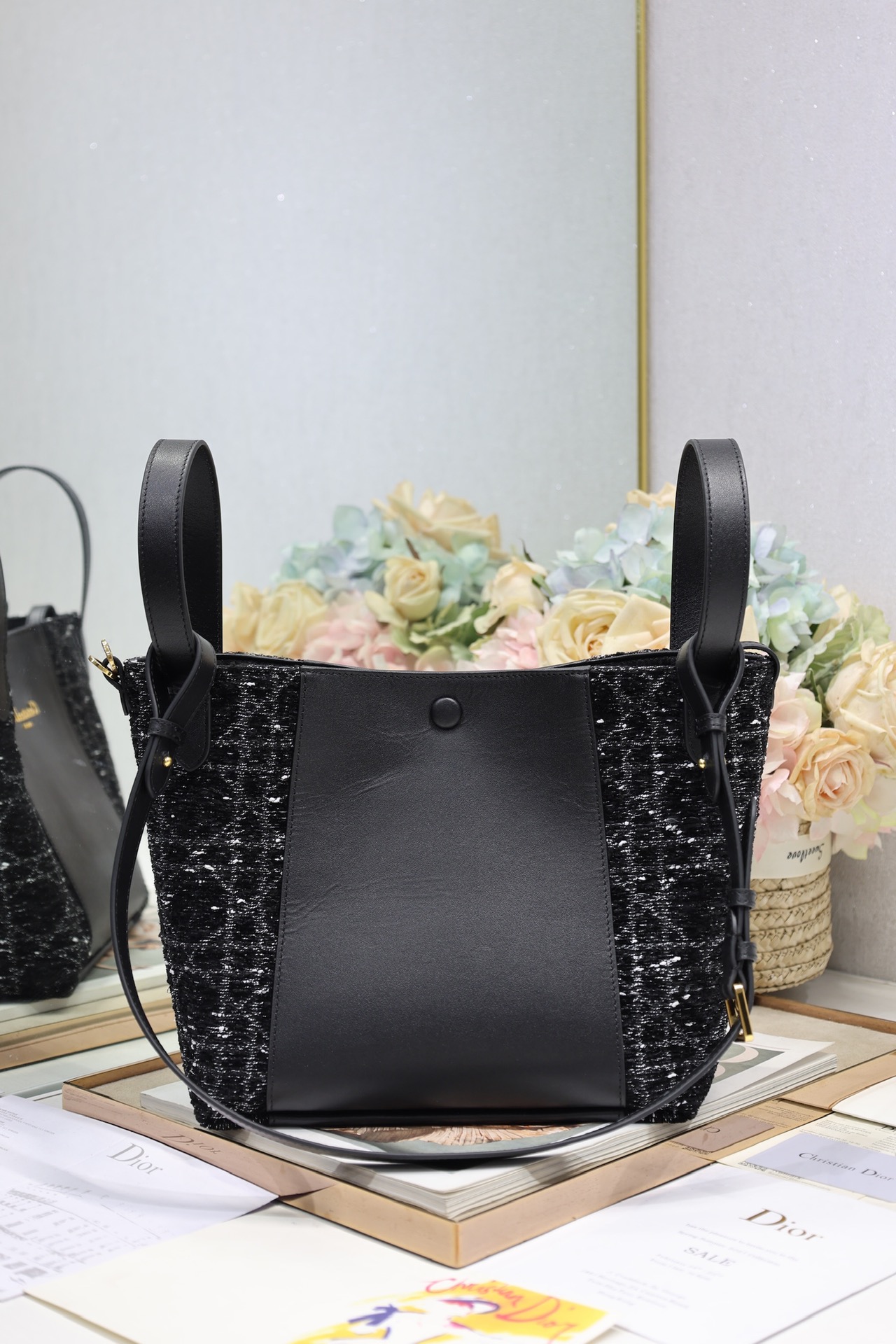 5051-Dior Black Leather & Sequin Tweed Handbag | Timeless Sophistication Meets Modern Glam