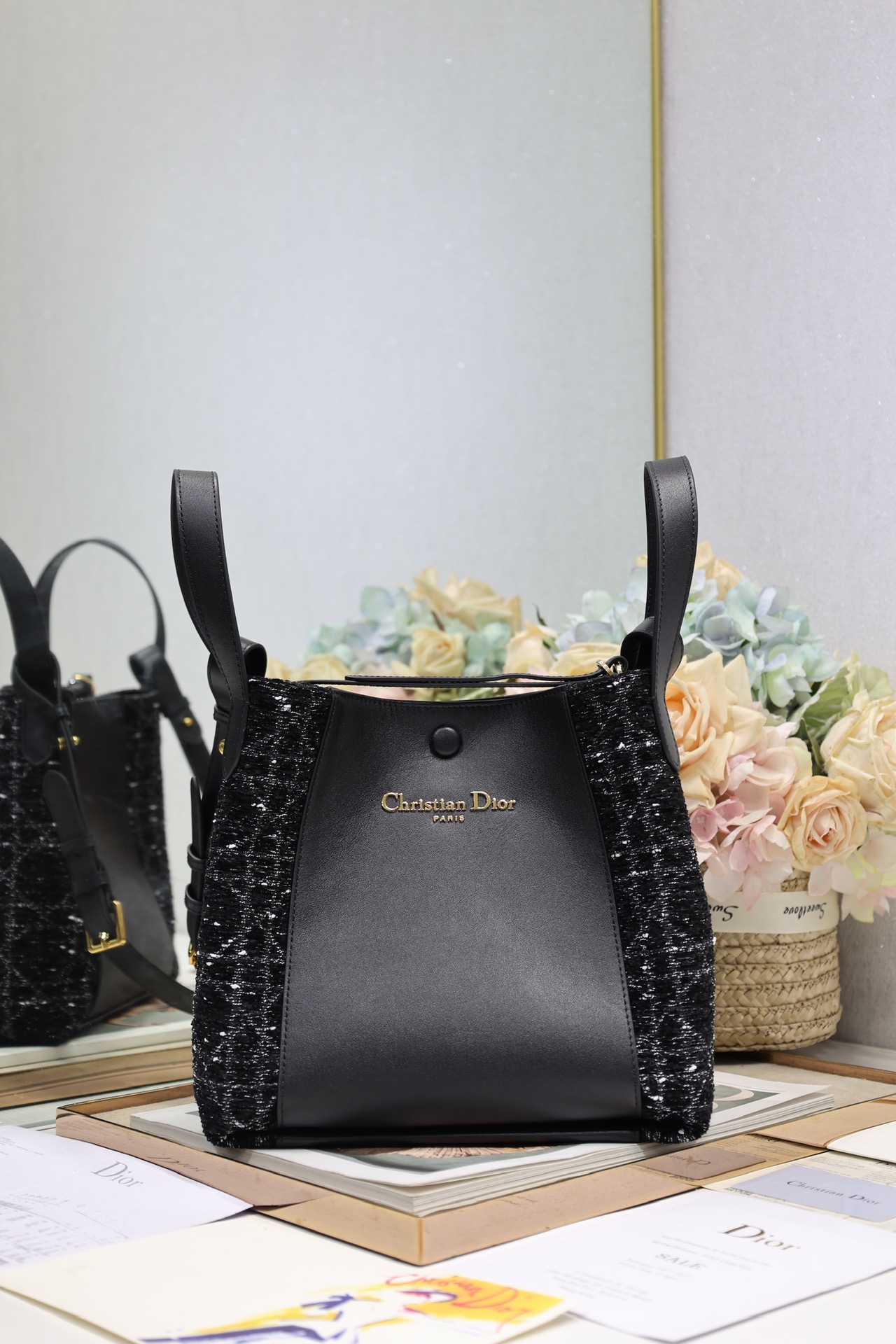 5051-Dior Black Leather & Sequin Tweed Handbag | Timeless Sophistication Meets Modern Glam