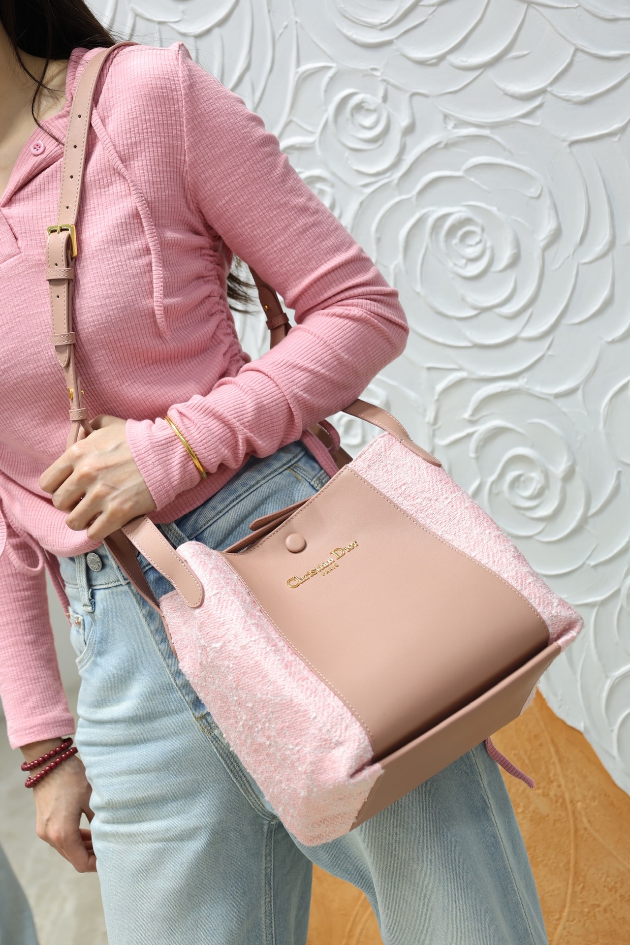 5050-Dior Blush Tweed & Leather Handbag | Soft Feminine Charm for Every Occasion