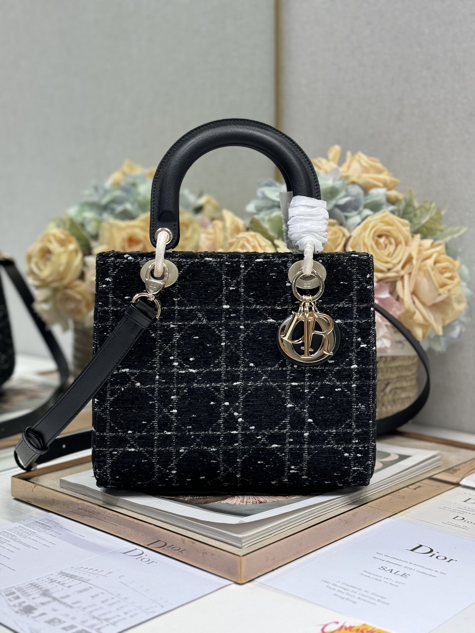 5057-Dior Black Tweed Handbag | Elegant Versatility with Celestial Charm