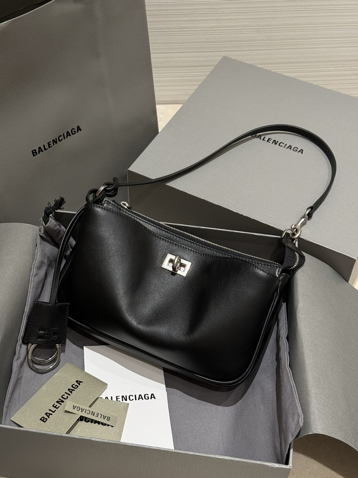 8038-Balenciaga Black Leather Shoulder Bag | Minimalist Sophistication with Iconic Detailing