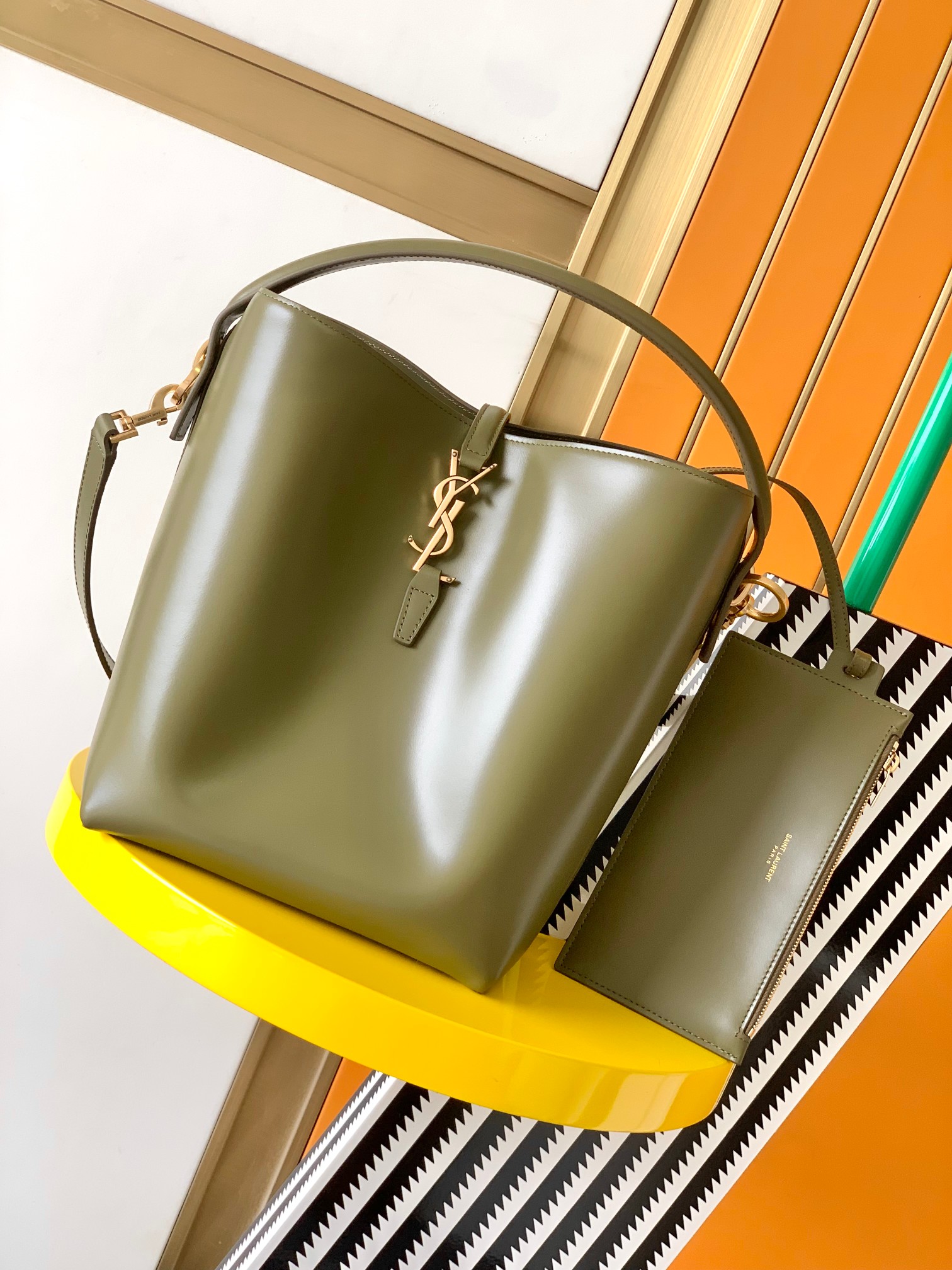 7081-Saint Laurent Olive Green Leather Bucket Bag | Unique Color, Timeless Statement