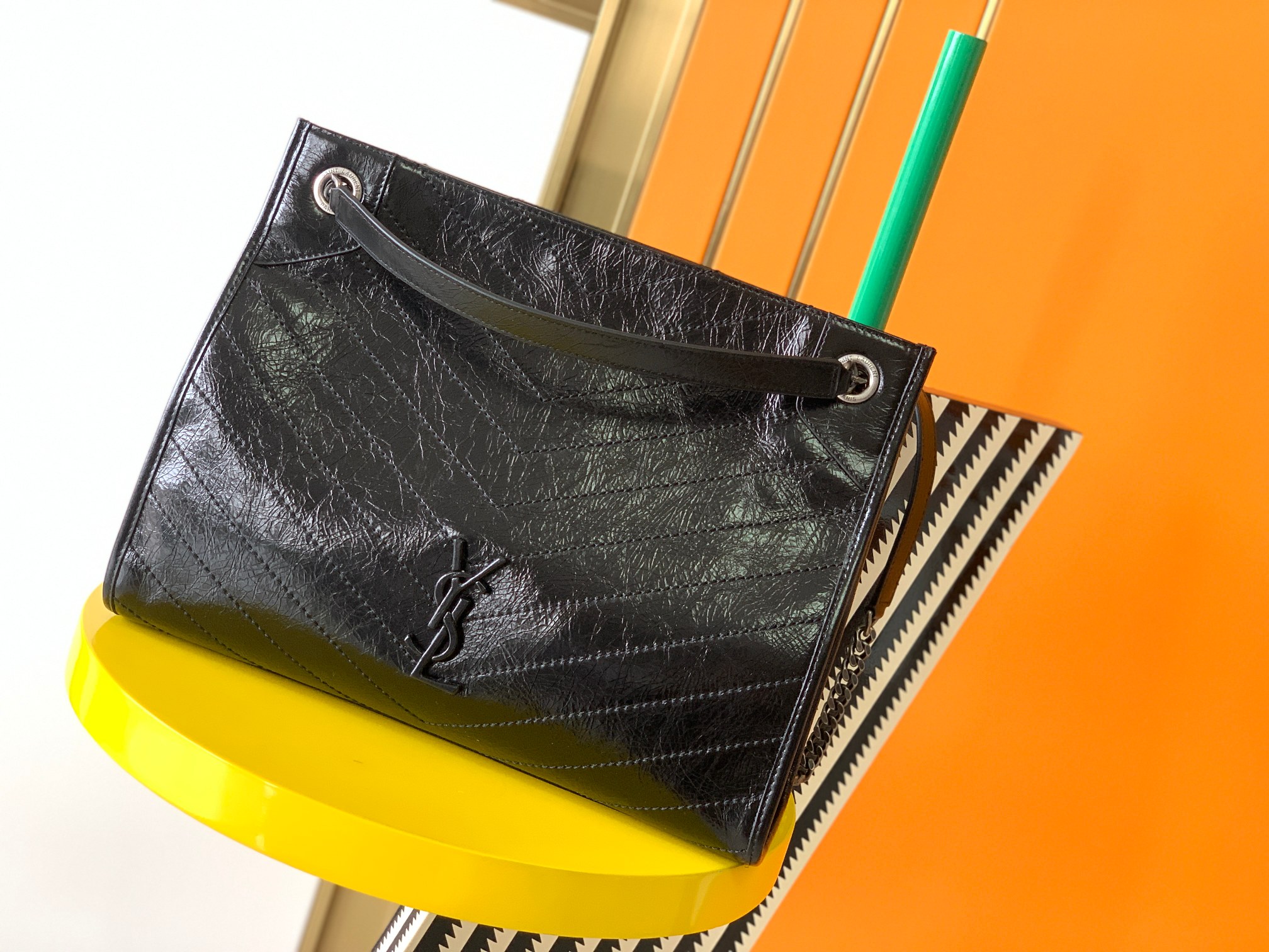 7078-Saint Laurent Crinkled Leather Crossbody | Bold Texture Meets Parisian Edge