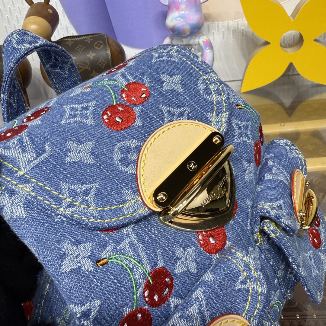 1275-Louis Vuitton Cherry Denim Backpack | A Playful Twist on Iconic Style